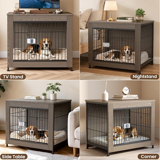 Wooden Dog Crate Furniture, 27in Dog Cage Furniture with Slide Safety Latch, Indoor Decorative End Table for High Anxiety Dogs, Furniture Style Dog Crate for Small to Medium Dogs, Greige