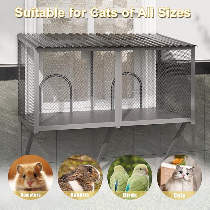 ROOMTEC Cat Window Catio Metal Sturdy Cat Enclosure for Cats Waterproof Roof Cat Perch with Insect Net Cat Cage for Safely Enjoying the Outdoor Sights Scents and Napping,Grey