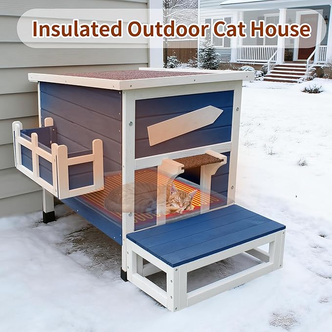 Rockever Heated Cat House for Outside Cats in Winter, Large Heated Cat Houses with Heating Pad, Wooden Outside Cat Shelter Weatherproof with Escape Door(Blue)