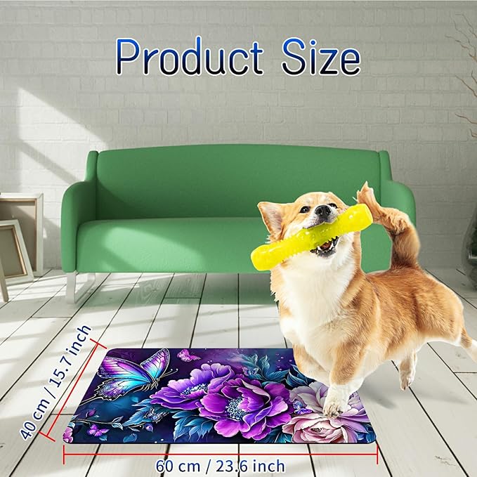 Dog Food Mat, 15.7" x 23.6" Absorbent Pet Feeding Mat for Food and Water, Waterproof Diatom Mud Pet Placemat with Non-Slip Rubber Backing, Cat Bowl Mat for Floors - Purple Butterfly Peony