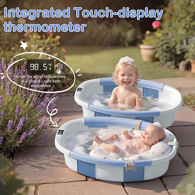 Collapsible Baby Bathtub - Large Baby Bath Tub with Thermometer | Bath Essential Bañera para Bebe Easy Fold Baby Tub | Travel Infant Newborn Toddler Bathtub for Baby Girl Boy 0 to 36 Months (Blue)