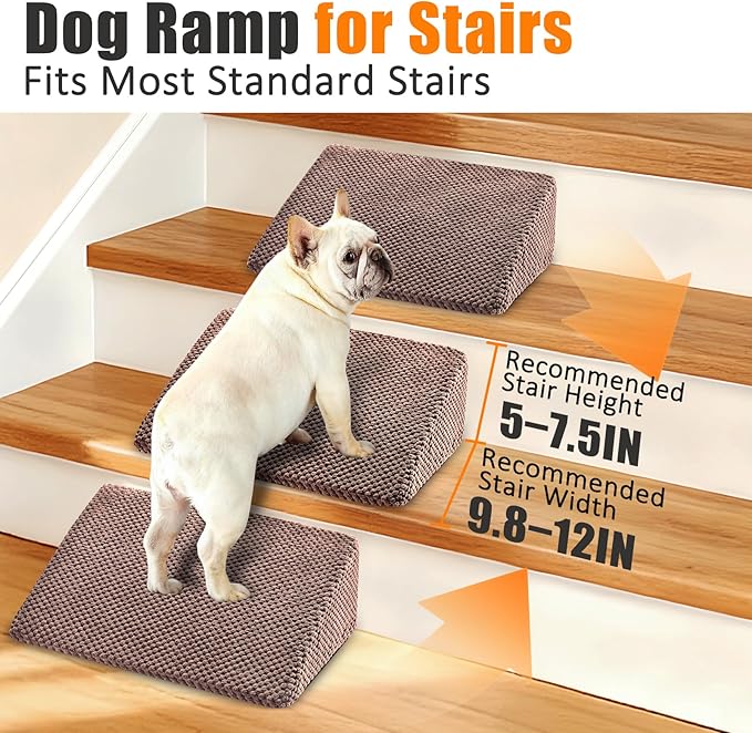Dog Ramp for Stairs for Small & Senior Dogs and Cats – Non-Slip Stair Wedges for Dogs with Gentle Slope, Pet Ramp with Washable Cover & Self-Sticky Pads for Safe Climbing (Brown, 1 Pack)