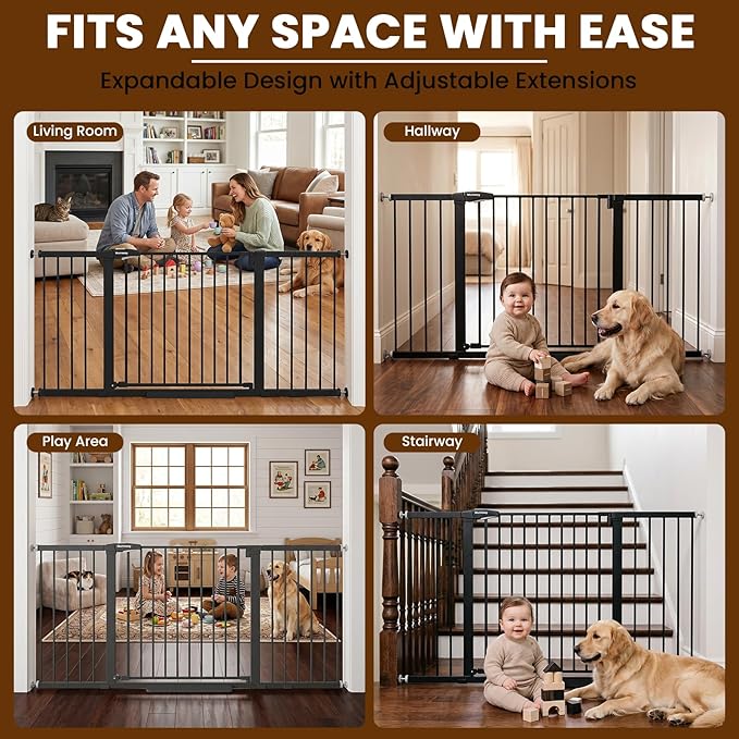 Mumeasy 36-63" Extra Wide Baby Gate for Stairs, 28.74" Walk Through Large Dog Gate for Doorways & Hallways, Auto Close Pet Gate Indoor, Pressure Mounted Child Wide Long Safety Gate for House, Black