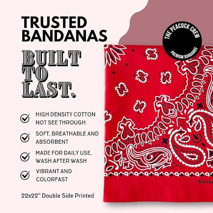 The Peacock Crew Premium Soft Cotton Bandanas Pack for Men and Women Paisley 22 x 22 inches