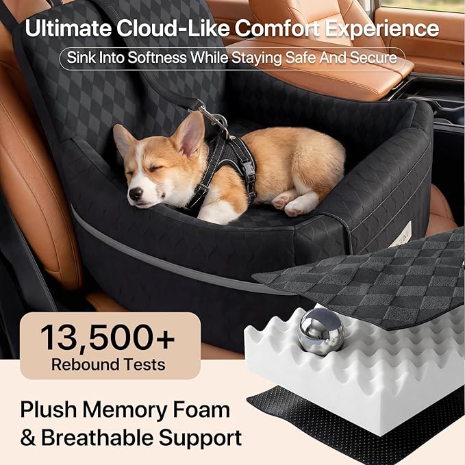 Doglike Dog Car Seat for Small Dogs [2026 Ultimate Comfort & Safety], 5" Memory Foam Pet Booster Seats Up to 35 lbs with Detachable Washable Cover, Travel-Safe Car Bed with Puppy Safety Belt, Black