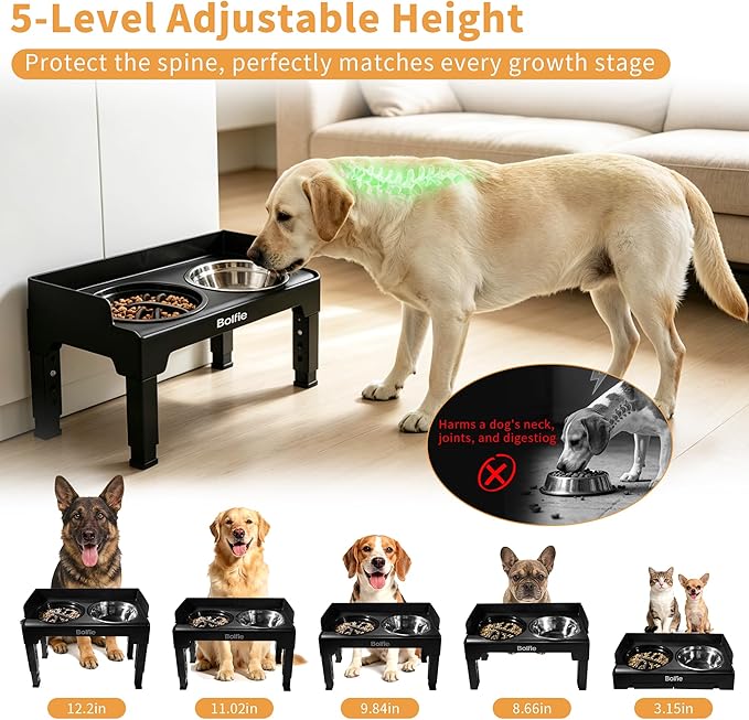 Elevated Dog Bowls for Small Medium Large Dogs 5 Adjustable Heights, 2-in-1 Raised Dog Feeder with 2 Stainless Steel Bowls & Slow Feeder, No Spill Pet Food Water Bowl Stand with Non-Slip Base