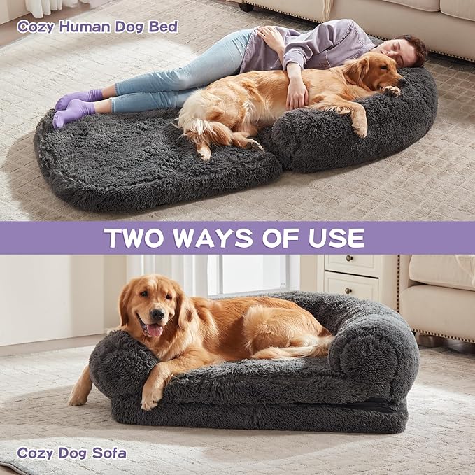 Foldable Human Dog Bed - 71 "x41 x12“ Human Sized Dog Bed with Orthopedic Foam, Fluffy Faux Fur Pet Couch with Waterproof Liner, Non-Slip Bottom, Washable Cover, Cozy Floor Lounger - Dark Gray