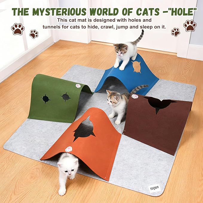 Cat Tunnel Play Mat for Indoor Cats, Felt Interactive Pet Toy with Hidden Ball, Enrichment Activity Rug, Collapsible Cave for Kittens & Small Pets (Colorful)