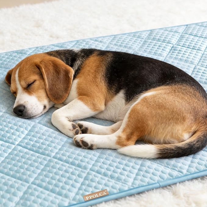 PPOLCA Waterproof Cooling Mat for Large Dogs - Q-MAX>0.5, Thin Memory Foam Kennel Dog Crate Bed, Portable Non-Slip & Machine Washable Dog Pad for Indoor & Outdoor 28x41, Light Blue