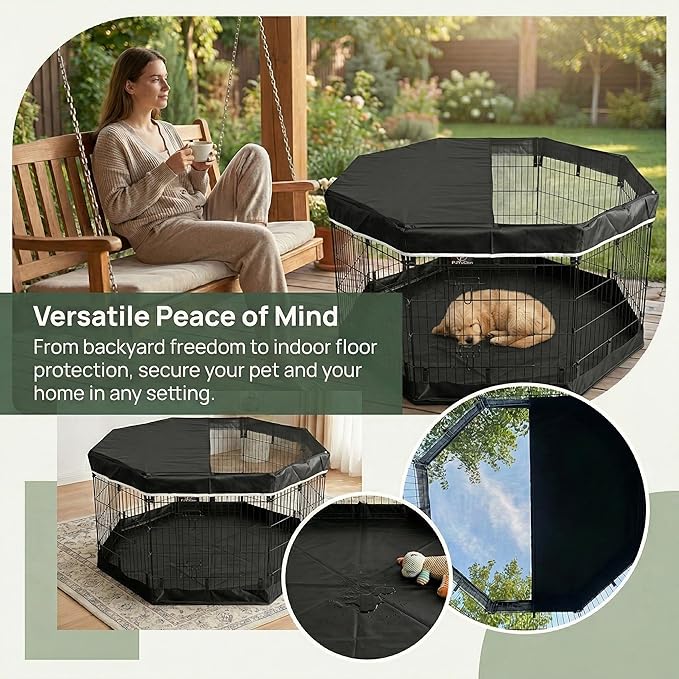 PJYuCien Octagonal Dog Playpen with Top Cover and Bottom Pad - Metal Foldable Exercise Pen, 8 Panels 24" H x 24" W Indoor Outdoor Pet Fence Puppy Crate Kennel, Black
