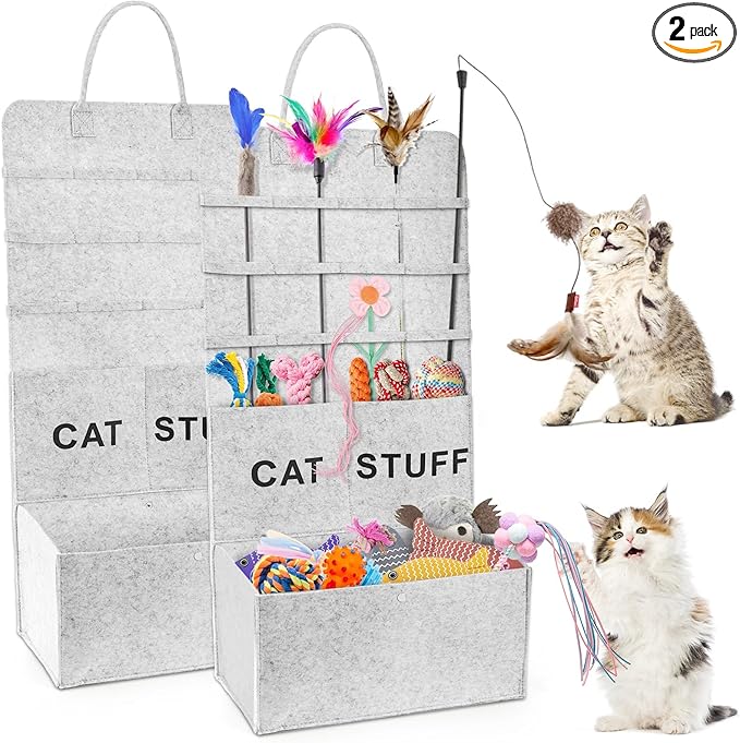 ZAVOOS 2 Pack Cat Wand Toy Storage Bag, Hanging Cat Teaser Holder for Neatly Organization, Durable Feather Pet Toy Organizer Bag with Handle for Indoor Pet Supplies, Feline Safety