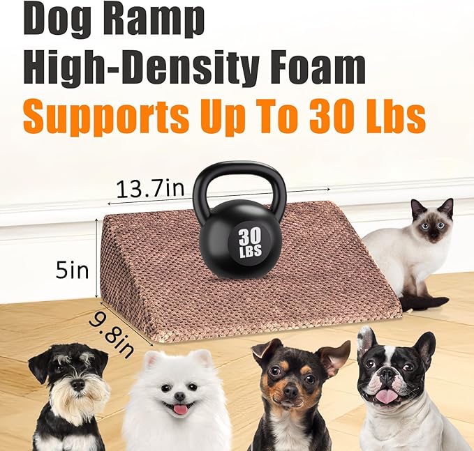 Dog Ramp for Stairs for Small & Senior Dogs and Cats – Non-Slip Stair Wedges for Dogs with Gentle Slope, Pet Ramp with Washable Cover & Self-Sticky Pads for Safe Climbing (Brown, 1 Pack)