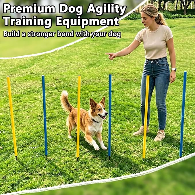 Dog Agility Weave Poles Set, 6-Piece Durable Slalom Weave Poles with Ground Stakes, Portable Obstacle Course Equipment for Puppies & Adult Dogs, Backyard Agility Training
