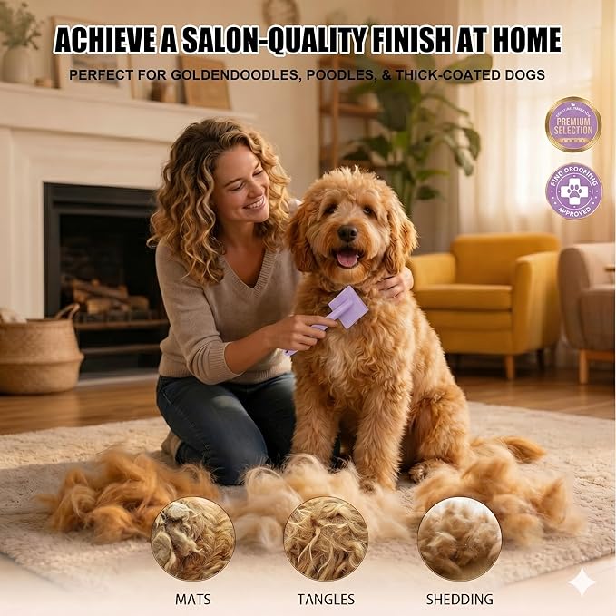 Dog Slicker Brush for Goldendoodles, Poodles & Long Haired Dogs - Long Pin Doodle Brush & Pet Comb Kit Removes Tangles Loose & Knots, Professional Grooming Tools with Wooden Handle, Purple