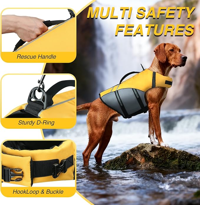 VIVAGLORY Sports Style Dog Life Vest, Dog Life Jacket for Swimming & Boating, Ripstop & Buoyancy for Puppy Doggy, Lifejacket with Handle, XL, Yellow