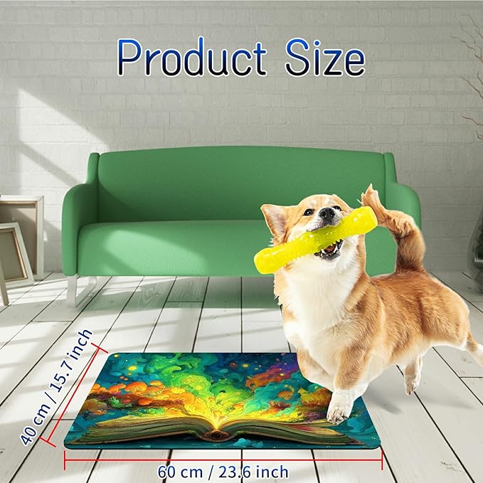 Dog Food Mat, 15.7" x 23.6" Absorbent Pet Feeding Mat for Food and Water, Waterproof Diatom Mud Pet Placemat with Non-Slip Rubber Backing, Easy Clean Cat Bowl Mat for Floors - Colorful Book