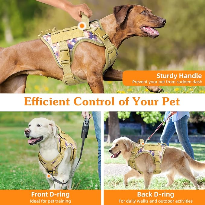 VavoPaw Heavy Duty Tactical Dog Harness for Large Dogs, No Pull Adjustable Pet Harness Reflective Service Training Easy Control Pet Vest Military K9 Working Dog Harnesses, Desert Camouflage, M