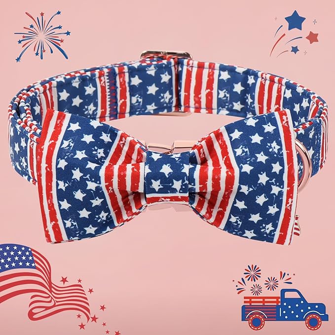 4th of July American Flag Dog Collar, DOGWONG Red Blue Bow Dog Collars with Metal Adjustable Buckle, Comfortable Independence Day Dogs Collars for Small Dogs