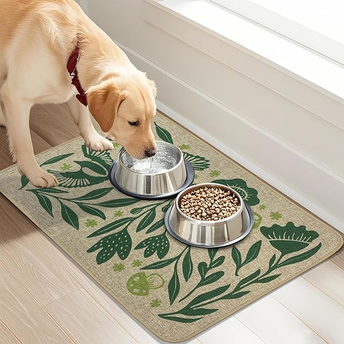 SHIYUE Dog Food Mats for Floors, Absorbent Cat Bowl for Food and Water, Non-Slip Accessories Pet Supplies(12"x20",Green Flower Bird)