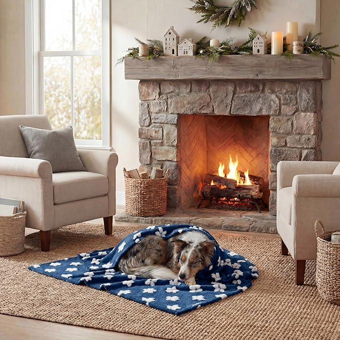 Horaldaily Pets Flannel Blanket, Navy Blue Flowers 3D Textured Soft Fuzzy Fluffy Plush Cozy Fleece Premium Blankets for Dog Cat Puppy Kitten Couch Protection, 20x30