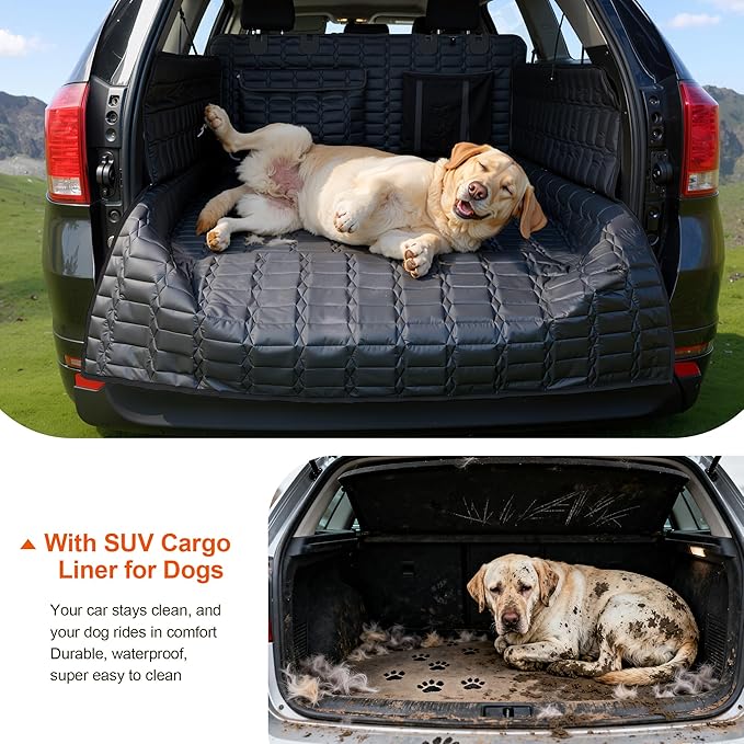 Reliadura SUV Cargo Liner for Dogs, Waterproof Pet Cargo Cover with Bumper Flap Protector, Scrachproof Non-Slip Dog Seat Mat for SUVs, Large Size Cargo Liner Universal Fit Black