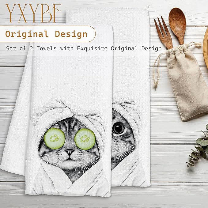 Funny Tabby Cat Hand Towels for Bathroom Powder Room Spa Decor 16x24 Inches, Cat Mom Lady Gifts, Black and White Bathrobe Kitten Bathroom Towels Decorative, Set of 2