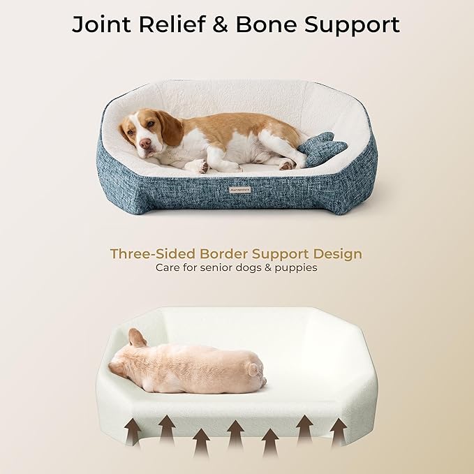 Orthopedic Dog Bed for Medium Small Dogs up to 120lbs, 48D Extra Thick One-Piece Memory Foam Dog Bed, Never Sag Pet Sofa Couch with 3 Removable Washable Covers (Plush, Cooling, Leather) & Toy
