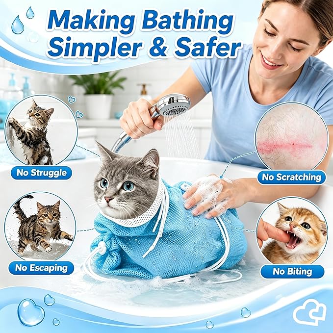 Cat Bathing Bag, Catcan Breathable Cats Grooming Bag, Anti Scratch Adjustable Cat Shower Washing Bags with Mesh for Nail Trimming (White- Blue)