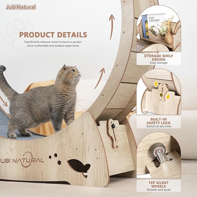 Cat Exercise Wheel, 33.9" Cat Running Wheel for Indoor Cat with Cat Scratching Board and Teaser Toy, Cat Treadmill Wheel with Locking Mechanism, Cat Exercise Wheel - Cat's Weight Loss and Health