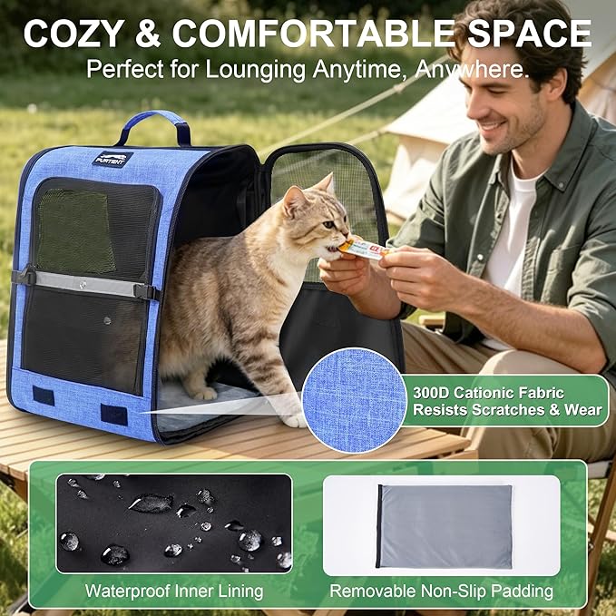 Cat Backpack Carrier with Ventilation Mesh and Safety Leash, Lightweight Dog Travel Backpack with Pockets, Reflective Strip, and Removable Mat,Hiking and Outdoor Use,Blue