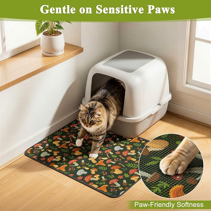 Unicorn Catcher 33X22in Cat Litter Mat Machine Washable Soft 3D Air Mesh Litter Box Rug Non-Slip Backing Quick Dry Scatter Control for Paws,Green Mushrooms