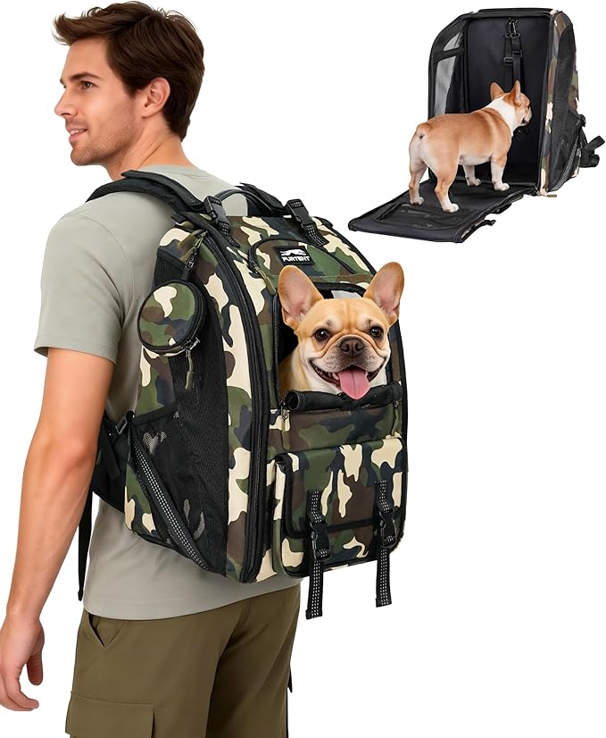 Dog Backpack Carrier with Ergonomic Support, Padded Straps and Ventilation, Hiking Pet Backpack with Safety Tethers, Reflective Trim and Waist Support, Up to 22lbs