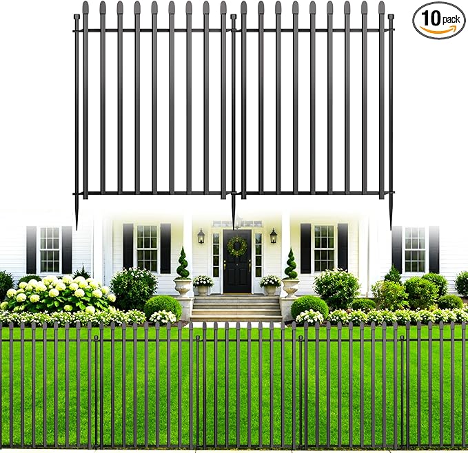 10 Panels No Dig Decorative Garden Fence, 32in(H)×22ft(L) Heavy-Duty Rustproof Metal Panels, Outdoor Dog Barrier for Yard & Patio, Landscape, Border| Portable Temporary Fencing