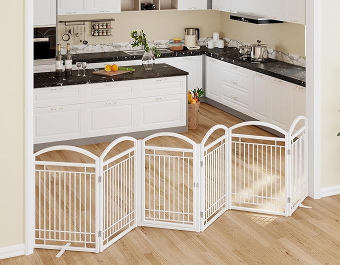 Folding No-Assembly Metal Freestanding Dog Gate with Door Walk Through,32" Height Pet Fence,144" Extra Wide Accordion Puppy Folding Playpen for Doorways,House,Stairs (6 Panels,White)