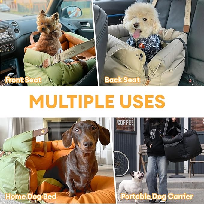 FUNNYFUZZY Luxury Dog Car Seat for Small Medium Dogs Under 35 lbs, Waterproof Leather Pet Booster Seat with Safety Leash & Anti-Slip Base, Fully Padded Dog Car Bed, Portable Puppy Carrier(Black)