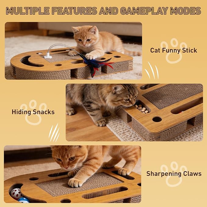 OHMU Interactive Cat Puzzle Box, Cat Nail File Toy, Wooden Enrichment Scratch Board for Indoor Cats with Bell Balls & Wand, No Assembly