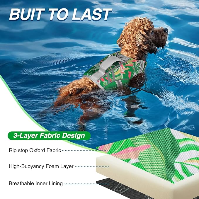 VIVAGLORY Sports Style Dog Life Vest, Dog Life Jacket for Swimming & Boating, Ripstop & Buoyancy for Puppy Doggy, Lifejacket with Handle, XS, Floral