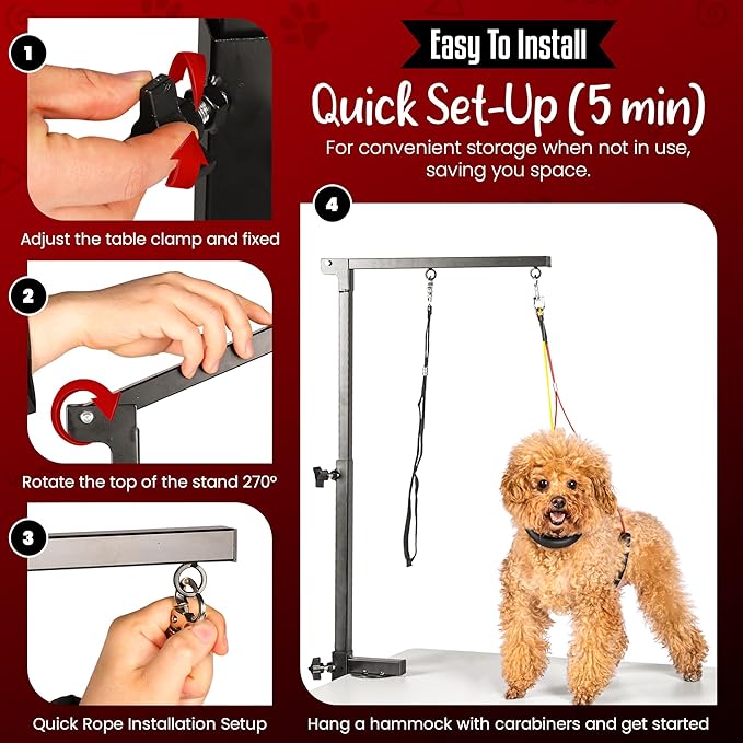 Dog Grooming Arm with Clamp & Pet Grooming Hammock | 4 Extra Bundles | Dog Grooming Stand with Grooming Gloves, Shears & Comb & Nail File | Grooming Table Arm with Adjustable No Sit Haunch Holders