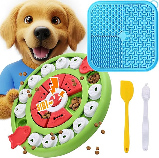 4 in1 Dog Puzzle Toy Set - Slow Feeder & Lick Mat for Puppy IQ Training & Mental Stimulate Treat Dispensing Ball | Pet Enrichment Interactive Toy (4 in 1 Blue+Green)