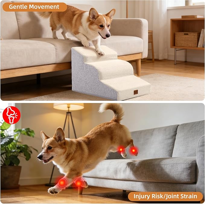 Dog Stairs for Small Dogs and Cats, 15.7" H, 3-Step Curved Pet Ramp for Couch Sofa and Chair, Non-Slip Medium Pet Steps with High Density Foam, Beige