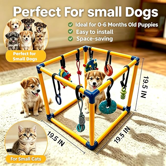 Puppy Play Gym for Small Dogs - 8 Interactive Teething Dog Toys, Durable PVC Frame, Indoor Chew & Activity Center, Relieves Boredom & Anxiety, Safe & Easy to Assemble for Puppies