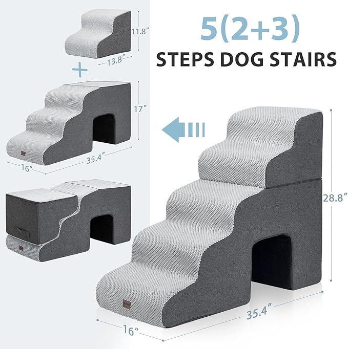 Garnpet Dog Stairs for High Beds with Tunnel, 5-Step Dog Steps for Small Dogs and Cats, Foldable Pet Stairs for High Bed Climbing, Non-Slip Balanced Pet Step Indoor, Light Grey