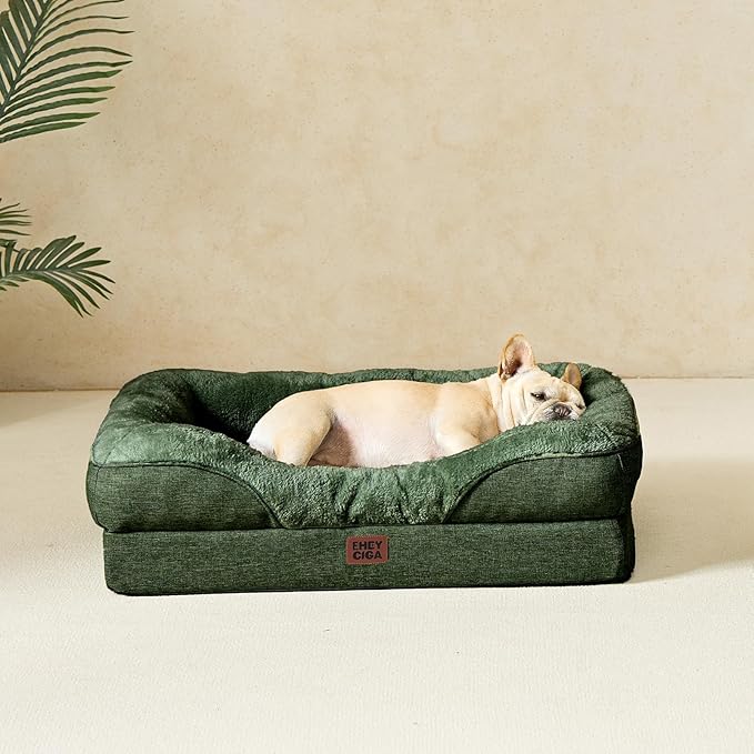 EHEYCIGA Orthopedic Dog Bed for Medium Dog, 30x20 Inch Memory Foam Dog Couch Bed with Sides, Waterproof Liner & Washable Removable Cover, Bolster Pet Sofa, Dark Green