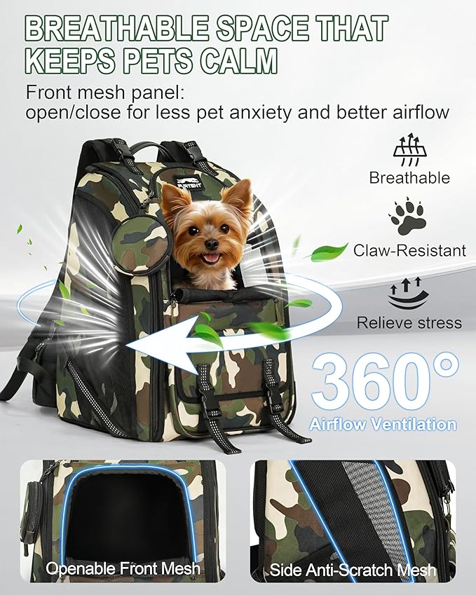 Dog Backpack Carrier with Ergonomic Support, Padded Straps and Ventilation, Hiking Pet Backpack with Safety Tethers, Reflective Trim and Waist Support, Up to 22lbs