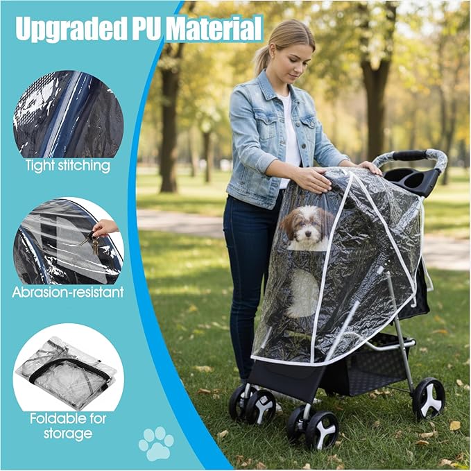 Pet Stroller Rain Cover PU Waterproof Windproof Clear Foldable Shield for Dog and Cat Strollers Outdoor Use (A)