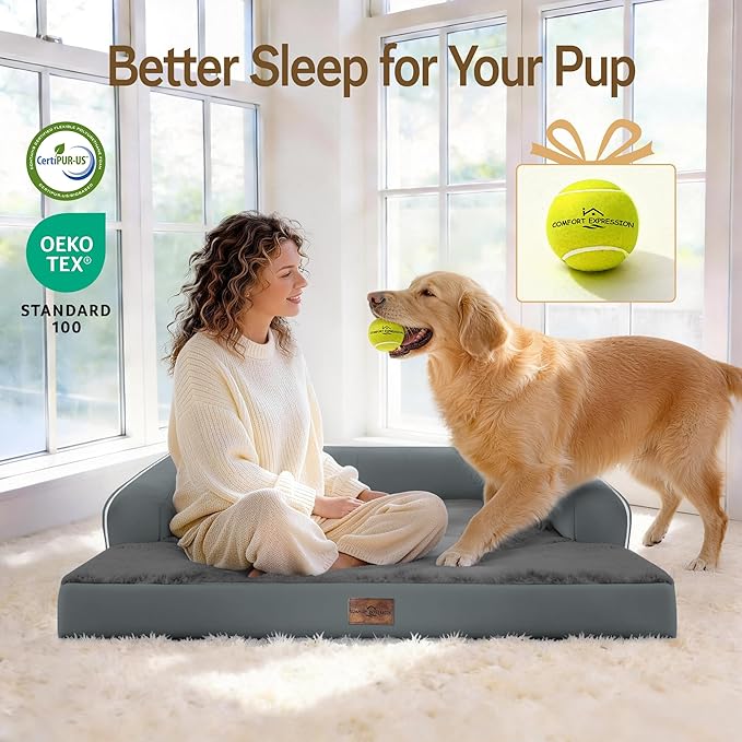 Comfort Expression Extra Large Dog Bed - XXL Washable Orthopedic Bed for Big Dogs - Pet Couch Waterproof Bolster with Removable Non-Slip Cover, 48 x 33