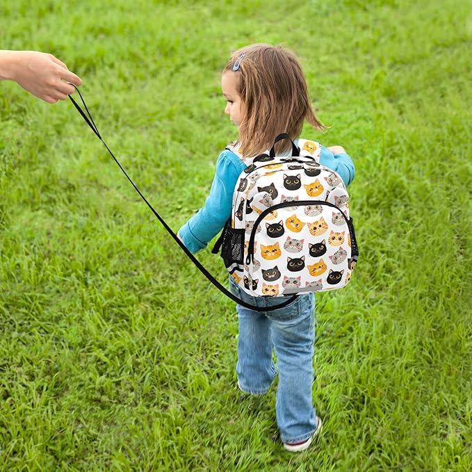Cartoon Cats Toddler Backpack with Leash, Cute Preschool Backpack Baby Harness Bookbag, 10L