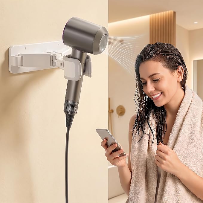 Wall Mount Hair Dryer Holder, Hands Free Hair Dryer Stand with Retractable Fold-Flat Arm, 360° Adjustable Head, Cord Organizer, Fits Most Hair Dryers for Bathroom, Vanity, Pet Grooming