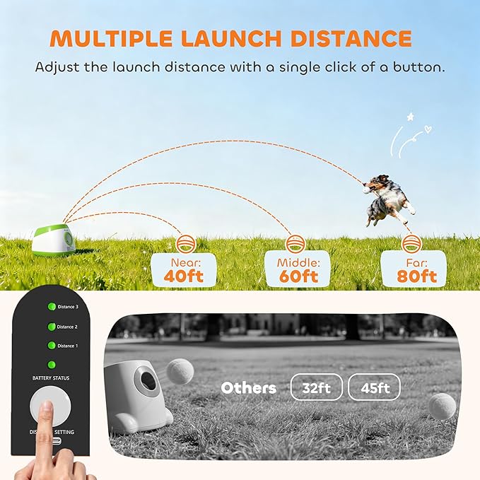 PawHut Automatic Dog Ball Launcher, Rechargeable Dog Ball Thrower with Remote Control, 3 Adjustable Distance (39ft/59ft/78ft), 6 ETPU Tennis Fetch Toys 2.5", for Medium Large Breeds, Green