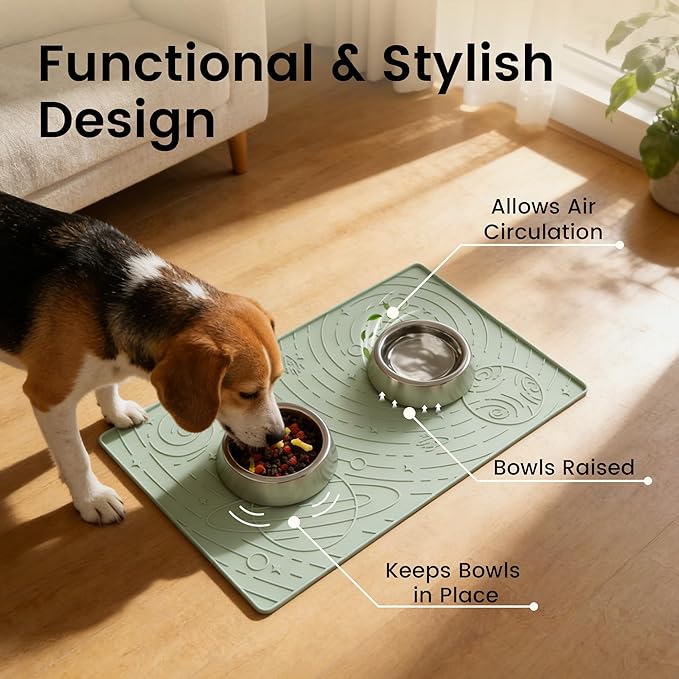 OHMO Dog Food Mat, Silicone Waterproof Cat Food Mat, Non-Skid Spill Proof Pet Feeding Mat for Food and Water, Easy to Clean Dog Placemat(Sage Green, 18.9" x 11.8")